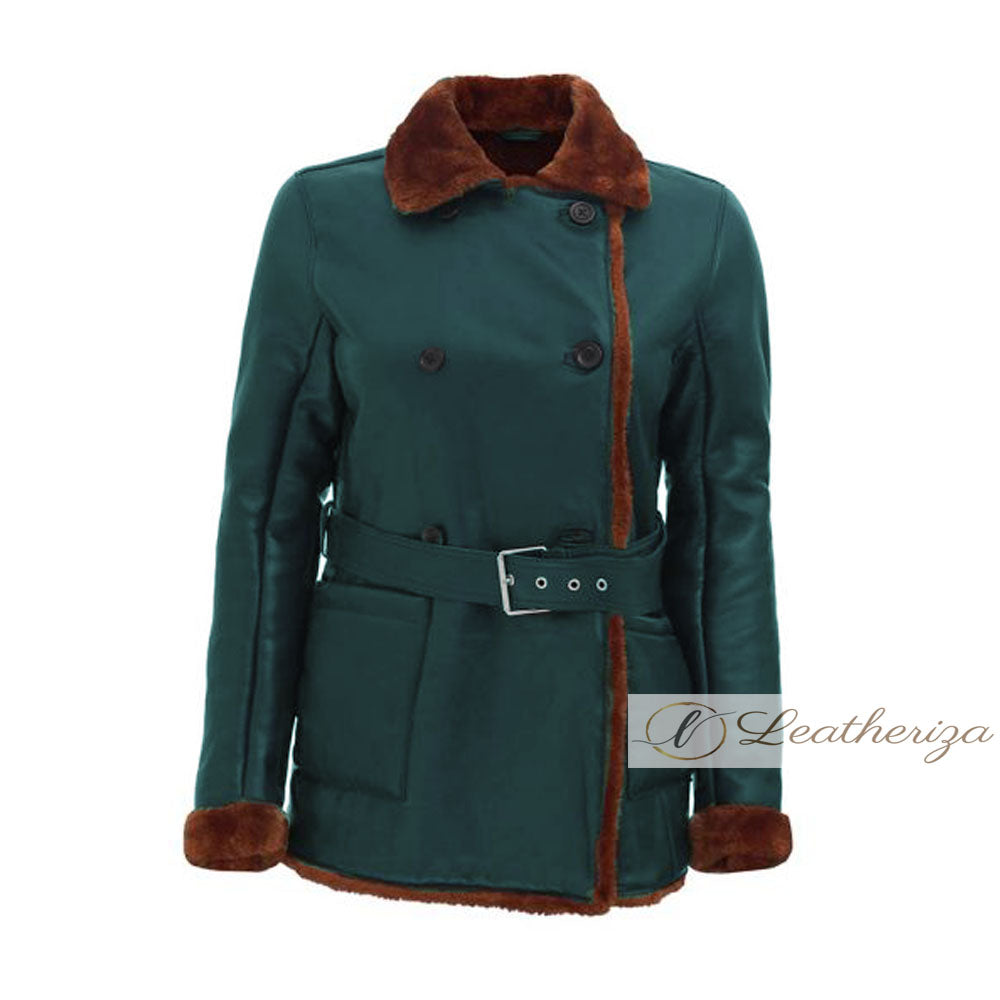 Pine Green Shearling Leather Coat For Women