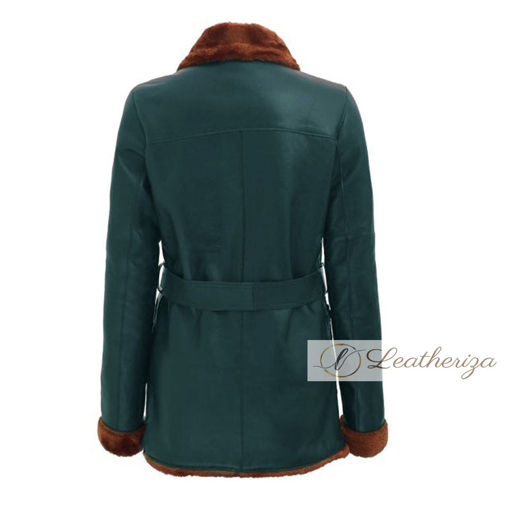 Pine Green Shearling Leather Coat For Women