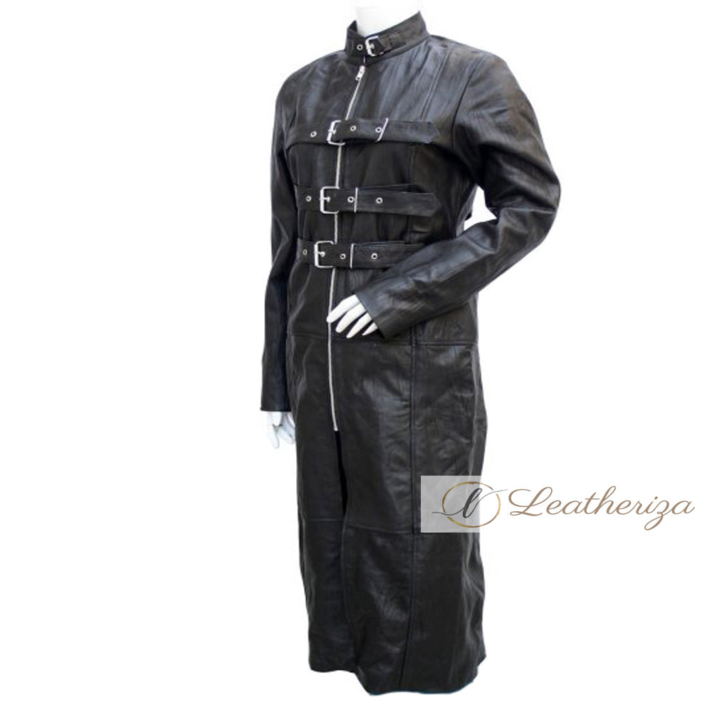 Spidey Women's Black Leather Trench Coat