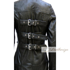 Spidey Women's Black Leather Trench Coat