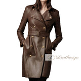 Trending Style Brown Leather Trench Coat For Women