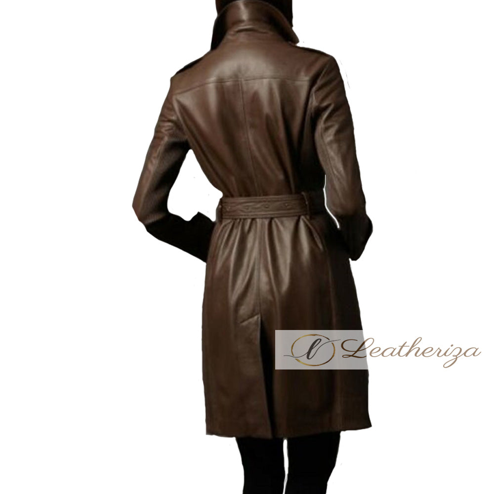 Trending Style Brown Leather Trench Coat For Women