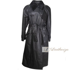 Stylish Shearling Leather Black Women's Trench Coat