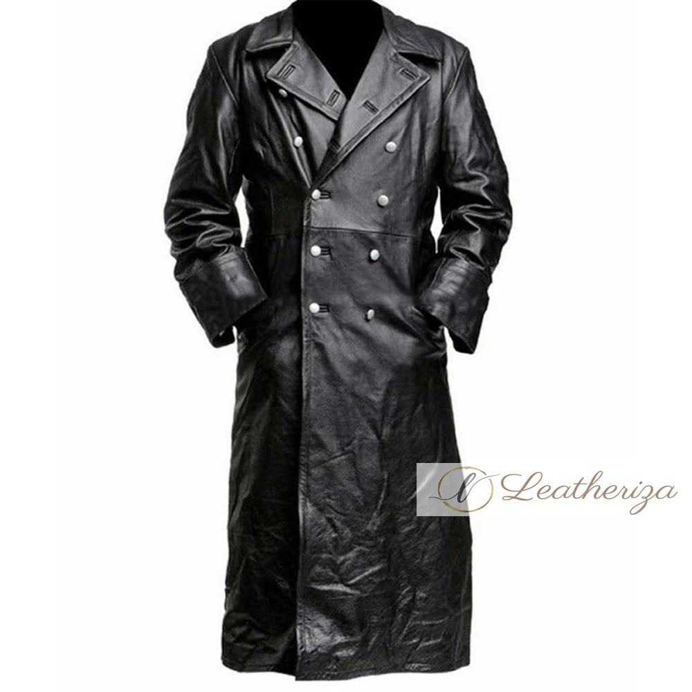 Pitch Black Long Leather Trench Coat For Women