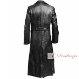 Pitch Black Long Leather Trench Coat For Women