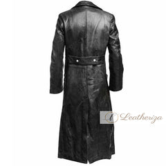Pitch Black Long Leather Trench Coat For Women
