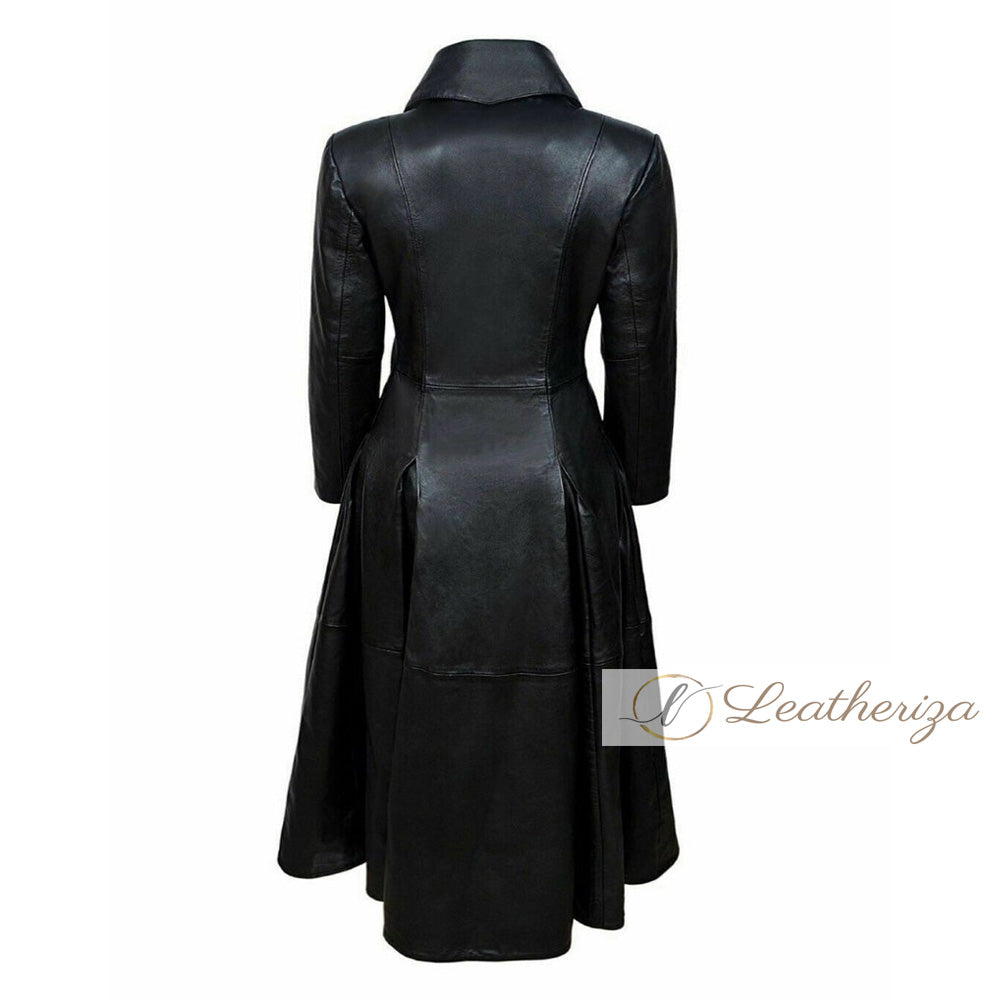 Obsidian Black Leather Trench Coat For Women