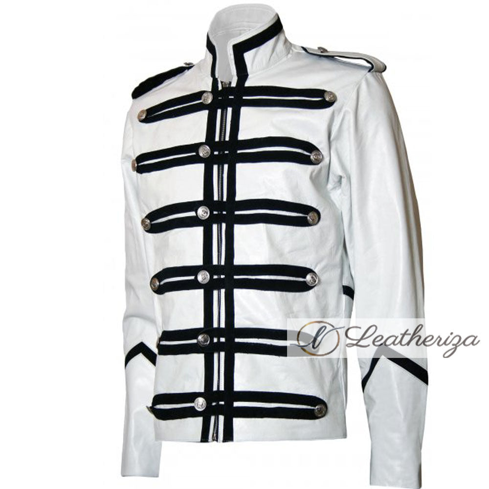 Skeleton White Men's Leather Jacket with Black Strips