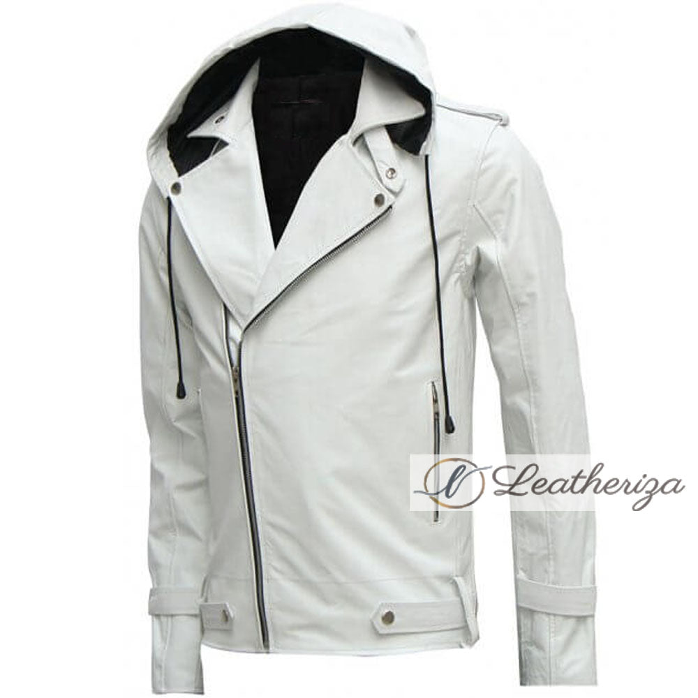 Men's White Racer Leather Jacket With Hoodie