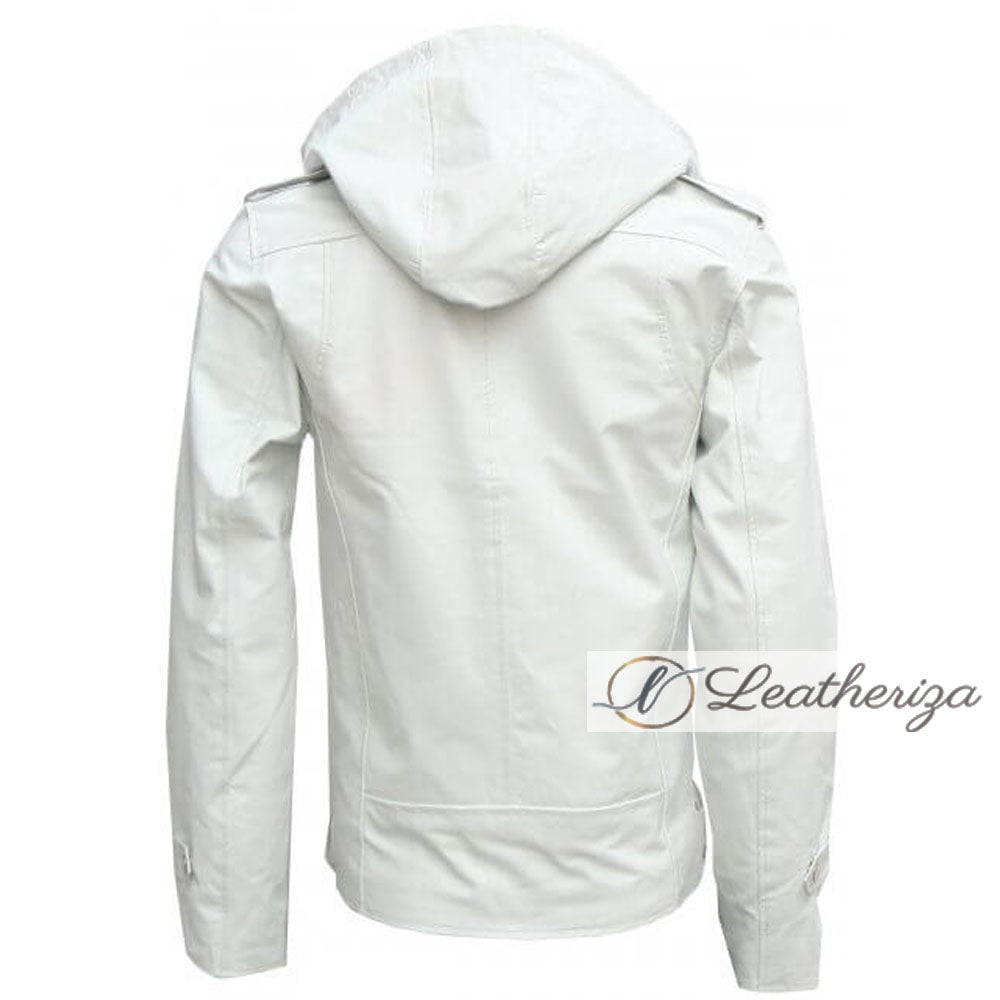 Men's White Racer Leather Jacket With Hoodie