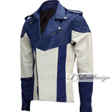 Blue & White Men's Cafe Racer Biker Leather Jacket