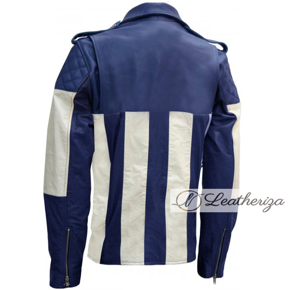 Blue & White Men's Cafe Racer Biker Leather Jacket
