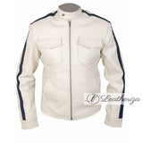 Men's White Leather Jacket with Blue Strips