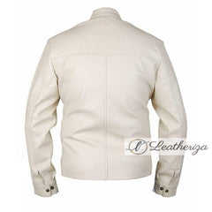 Men's White Leather Jacket with Blue Strips