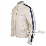 Men's White Leather Jacket with Blue Strips