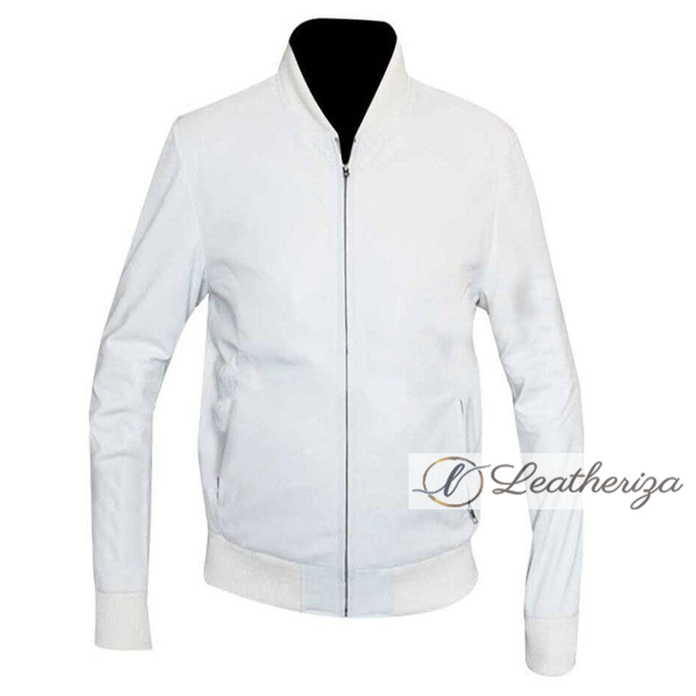 Men's Elegant Voguish White Bomber Leather Jacket