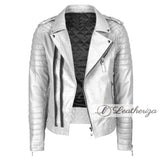 Men's Casual White Leather Jacket with Black Strips