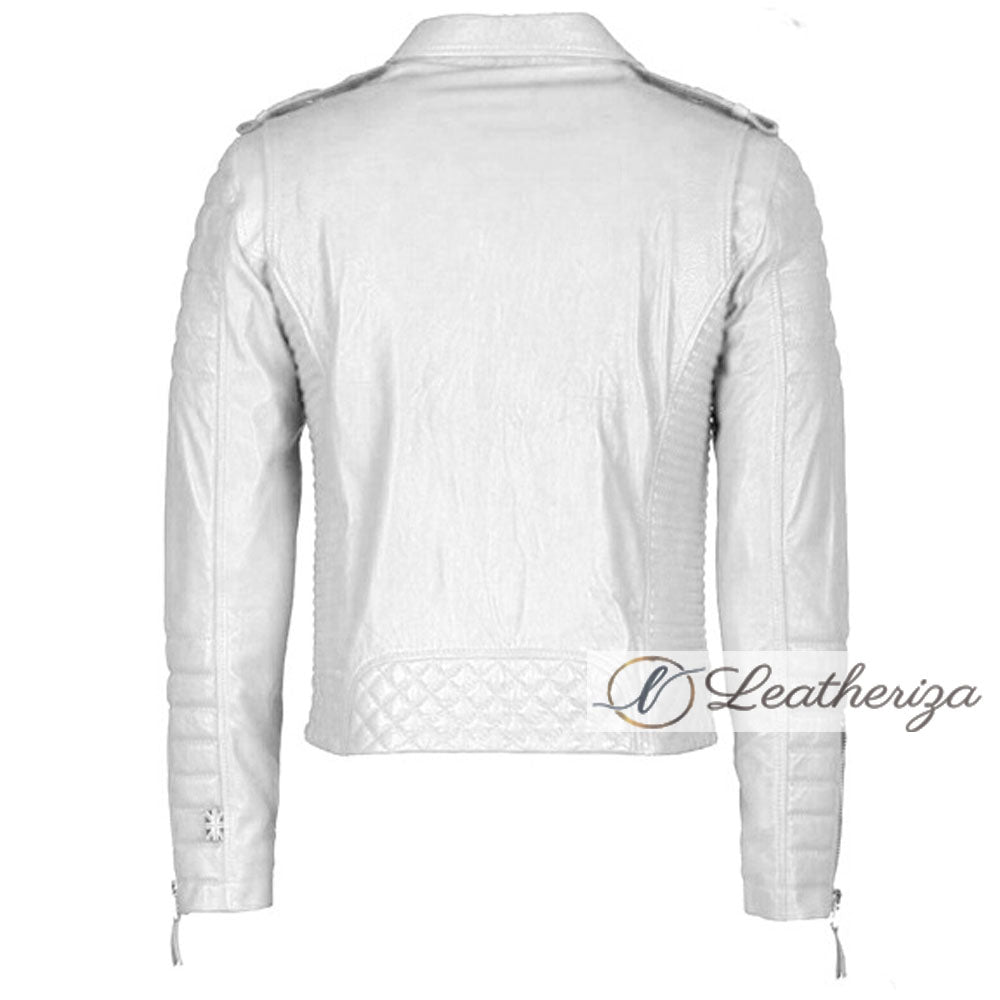 Men's Casual White Leather Jacket with Black Strips