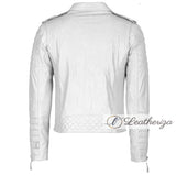 Men's Casual White Leather Jacket with Black Strips