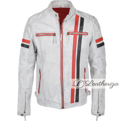 White with Red strips Vintage Classic Men's Leather Jacket