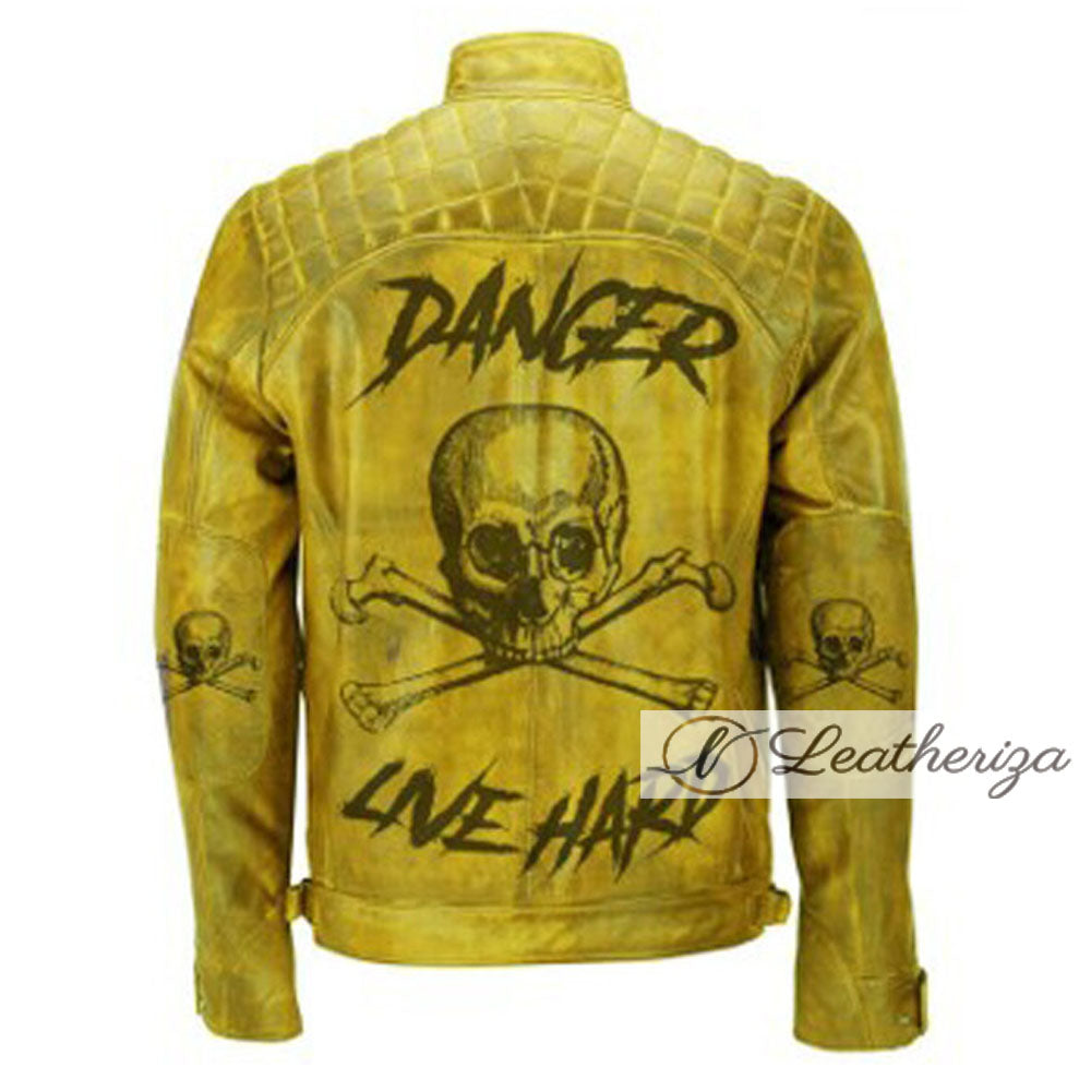 Men's Yellow Live Hard Skull Biker Vintage Leather Jacket