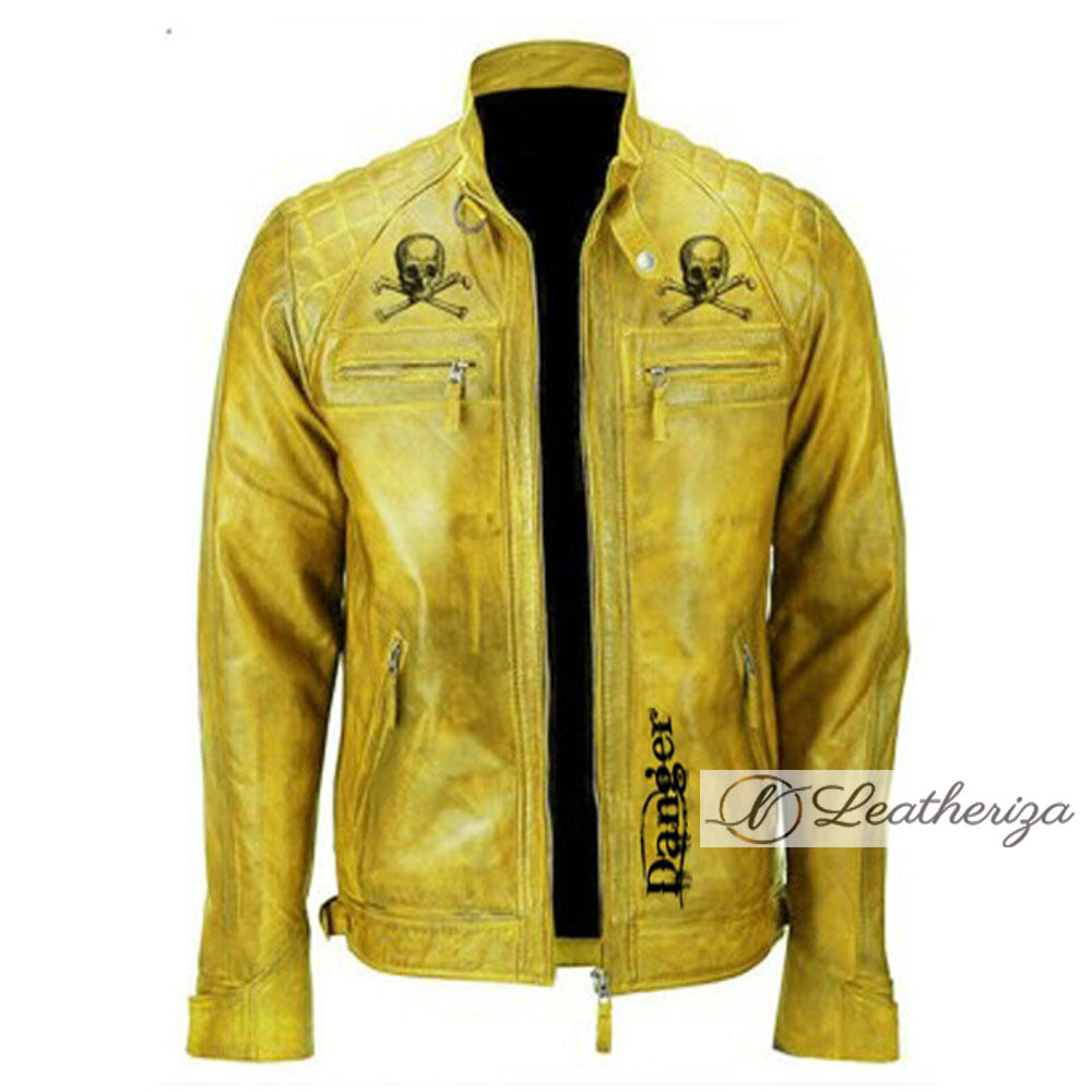 Men's Yellow Devil's Skull Danger Biker Vintage Leather Jacket