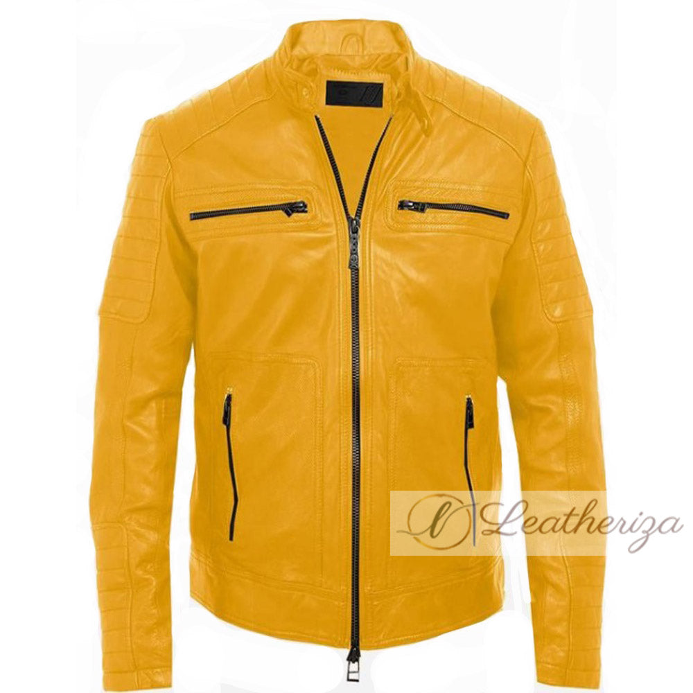 Marguerite Yellow Biker Leather Jacket For Men