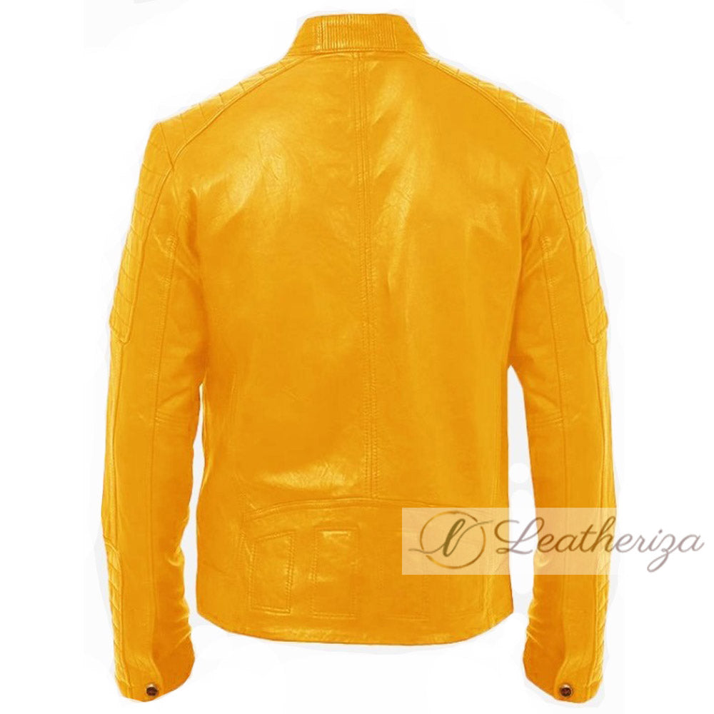 Marguerite Yellow Biker Leather Jacket For Men