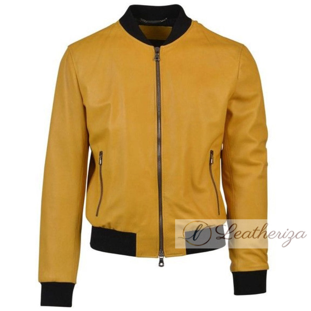 Medallion Yellow Elegant Bomber Leather Jacket For Men