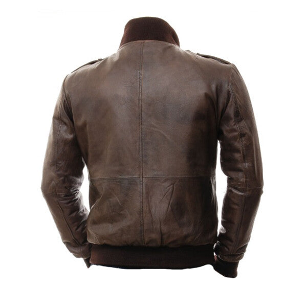Men's Dark Brown Leather Jacket with Shoulder Patches