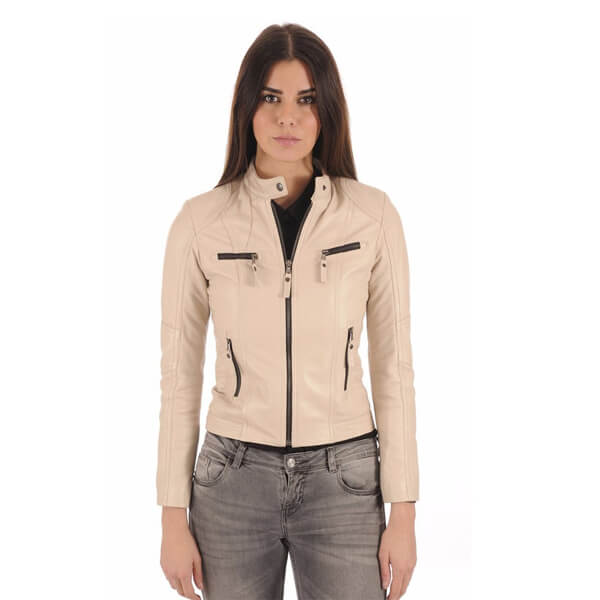 Women Leather Jacket Bomber Biker Genuine Sheepskin Leather Jacket for Women Beige