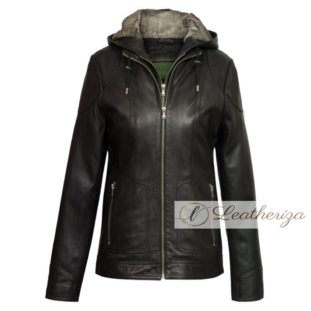 Nala Black Leather Coat For Women with Hoodie