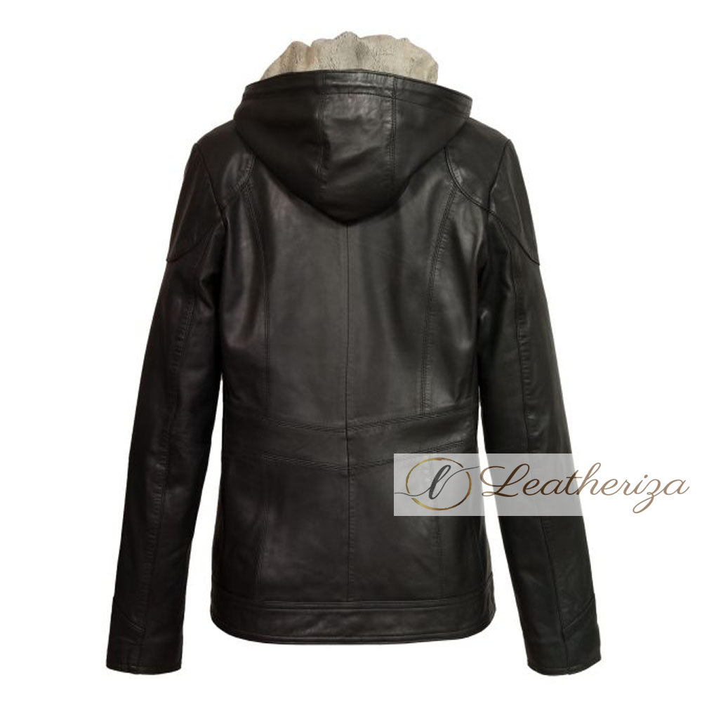 Nala Black Leather Coat For Women with Hoodie