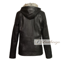 Nala Black Leather Coat For Women with Hoodie