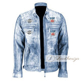 Men Blue Vintage Biker Motorcycle Distressed Route 66 Leather Jacket