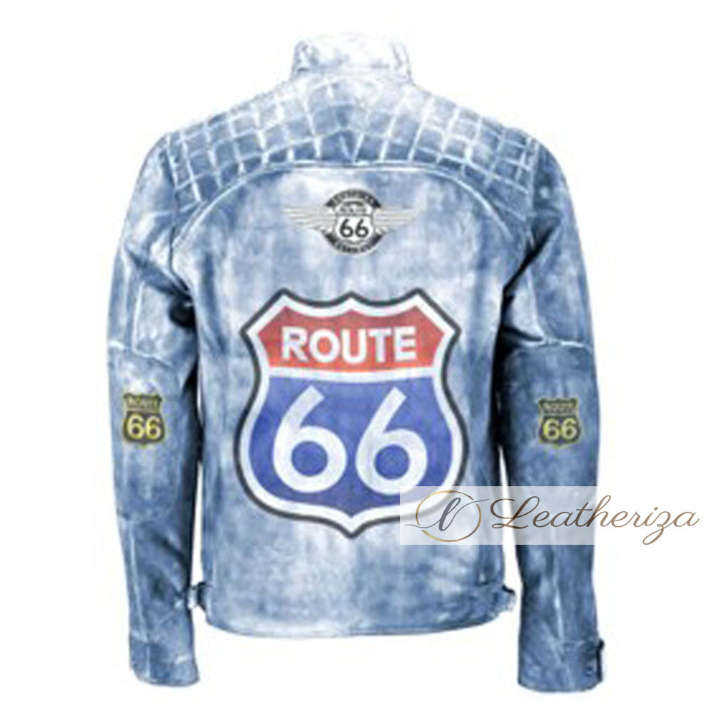 Men Blue Vintage Biker Motorcycle Distressed Route 66 Leather Jacket