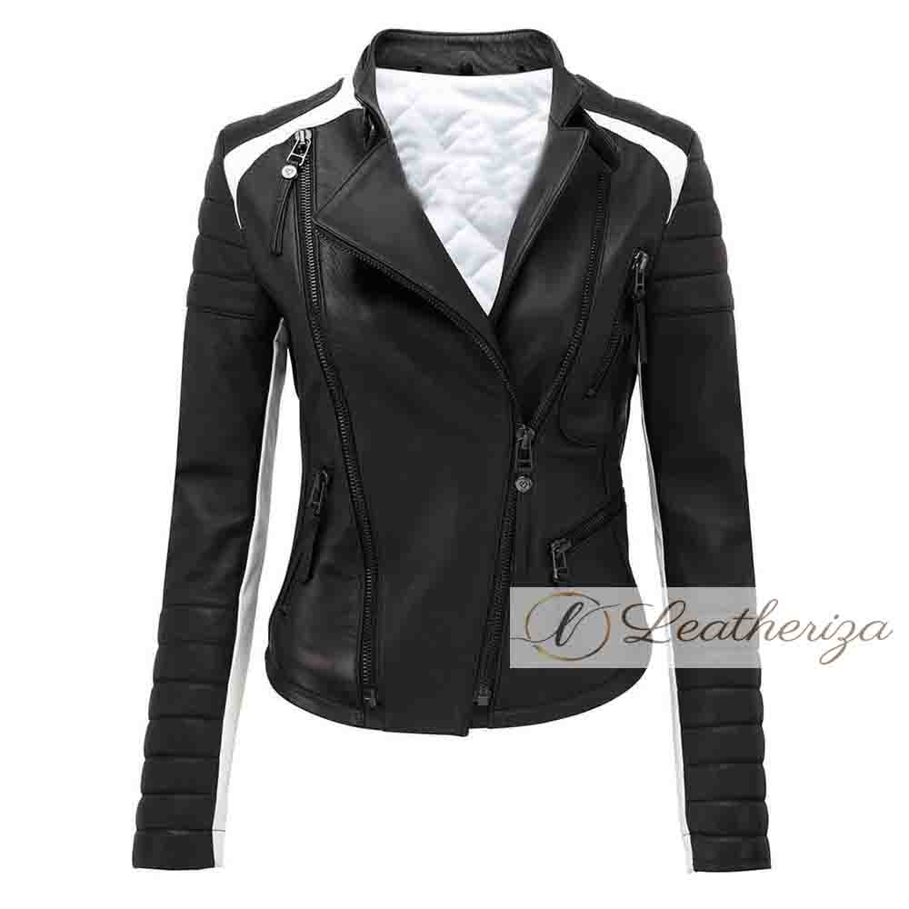 Stylish Black & White Women's Leather Jacket