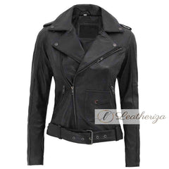 Voguish Black Motorcycle Leather Jacket For Women