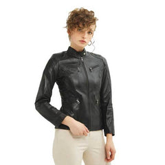 Black Women?s Leather Biker Genuine Sheepskin Jacket for Women