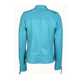 Women Leather Jacket Motorcycle Biker Genuine Sheepskin Leather Jacket for Women Turquoise Blue