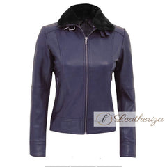 Indigo Shearling Blue Leather Jacket For Women