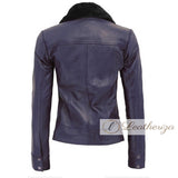 Indigo Shearling Blue Leather Jacket For Women