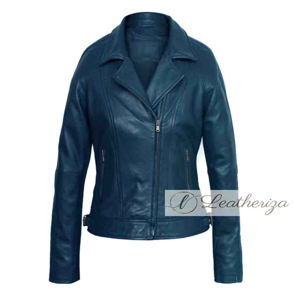 Esme Blue Biker Leather Jacket For Women