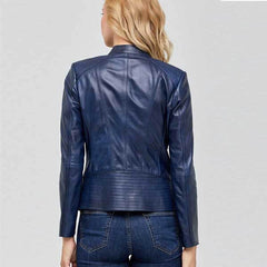 Women?s Leather Jacket Biker Genuine Sheepskin Blue Leather Jacket for Women