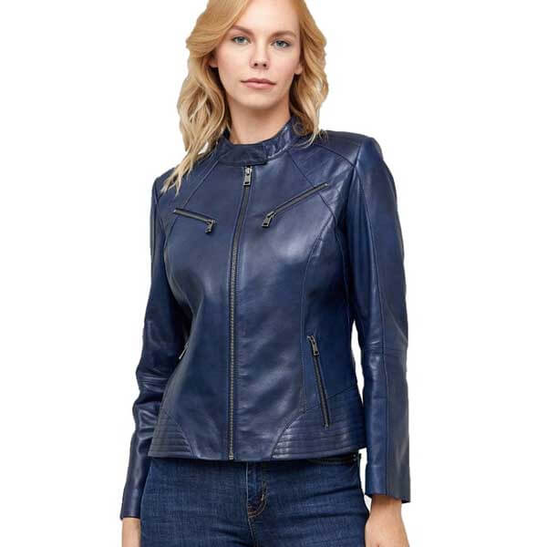 Women?s Leather Jacket Biker Genuine Sheepskin Blue Leather Jacket for Women