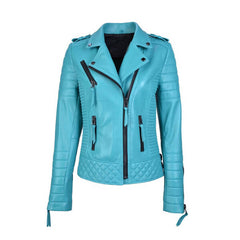 Women Leather Jacket Motorcycle Biker Genuine Sheepskin Leather Jacket for Women Turquoise Blue