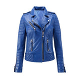 Women Stylish Motorcycle Biker Genuine Sheepskin Leather Jacket for Women Royal Blue