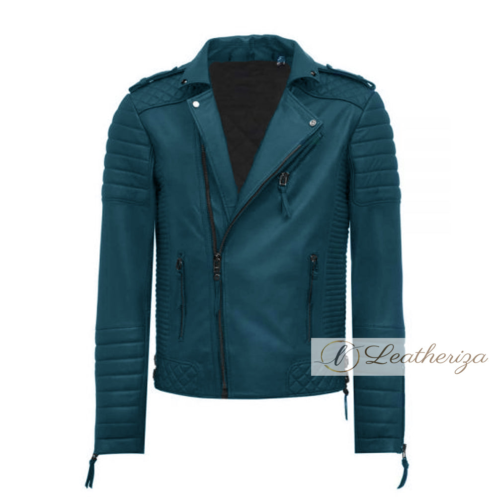 Aegean Blue Biker Leather Jacket For Men