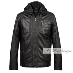 Voguish Shearling Black Leather Jacket For Men