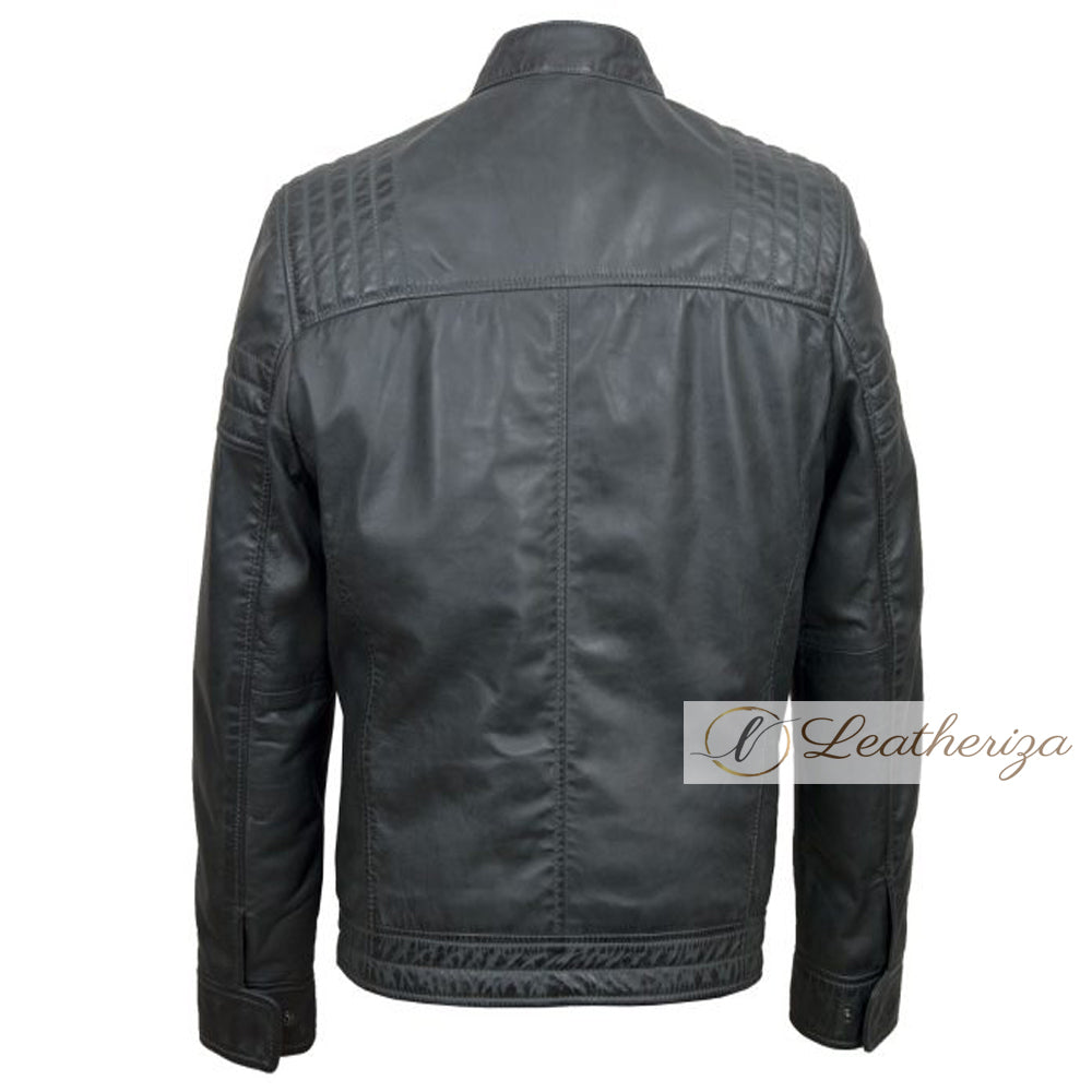 Trendy Charcoal Black Leather Jacket For Men